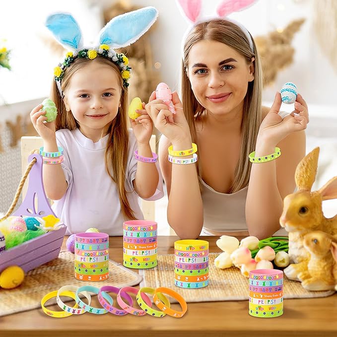 JUNEBRUSHS 42pcs Easter Party Favors Silicone Bracelets Bunny Egg Carrot Chicks Flowers Rubber Wristbands Accessories for Easter Egg Fillers Gifts Basket Stuffers Accessories Party Decorations