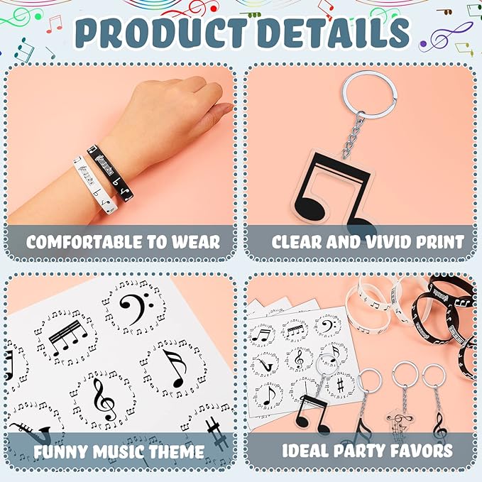 187 Pieces Music Party Favors with Music Notes Silicone Bracelets, Metal Musical Note Keychains, Round Label Stickers, Thank You Tags and Sheer Organza Bags for Music Theme Party Supplies Decorations