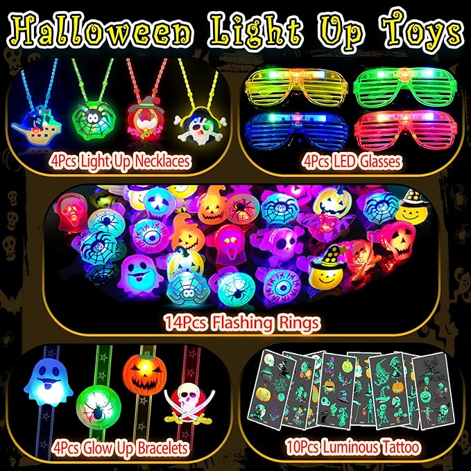 36Pack Halloween Party Favors for Kids, Light Up Halloween Toys Bulk for Trick Or Treat, Led Rings Glasses Necklaces Bracelets, Halloween Goodie Bag Fillers Stuffers, Glow in The Dark Party Supplies
