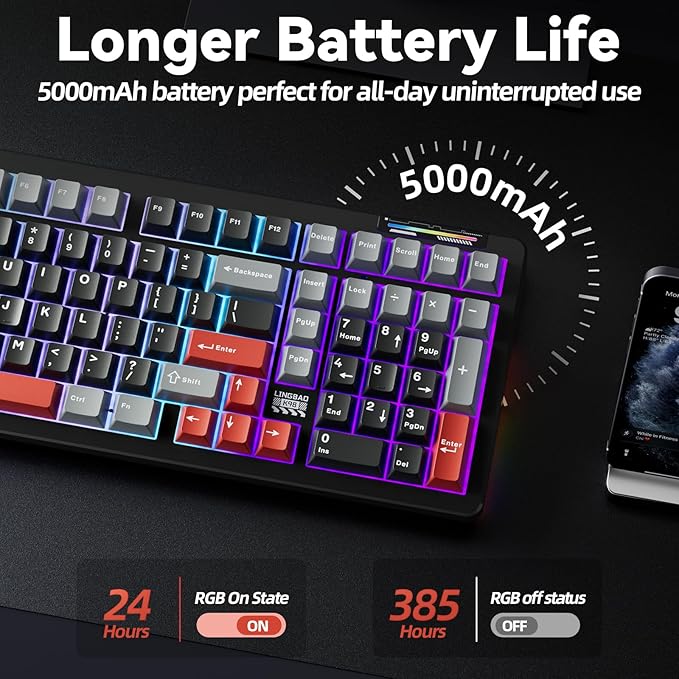 LINGBAO K98 Wireless Mechanical Gaming Keyboard, Tri-Mode BT5.0/2.4GHz/USB-C, Gasket Custom Hot-Swappable Linear Switches Creamy Keyboard with Number Pad, RGB Backlit Gaming Keyboard for PC Laptop