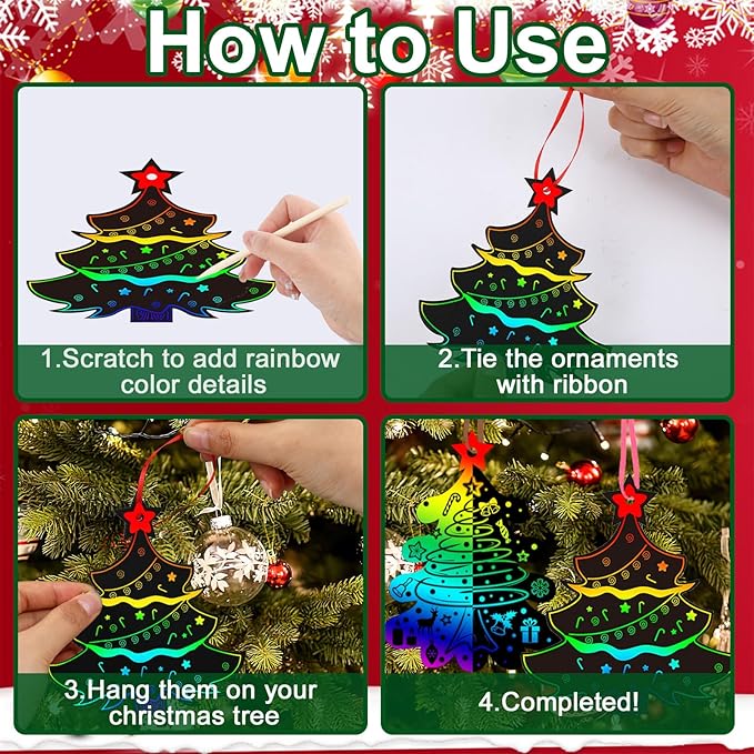 JULMELON 36 PCS Christmas Scratch Art, Christmas Crafts for Kids Magic Rainbow Scratch Paper Cards Christmas Tree Hanging Ornaments Decorations DIY Winter Holiday Party Favors