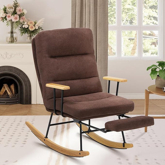 Rocking Chair with Footrest-Glider Rocker Chair with Retractable Footrest and Adjustable Backrest, Teddy Upholstered Rocking Chair, Modern Accent Chair for Living Room/Nursery/Bedroom/Outdoor-Brown