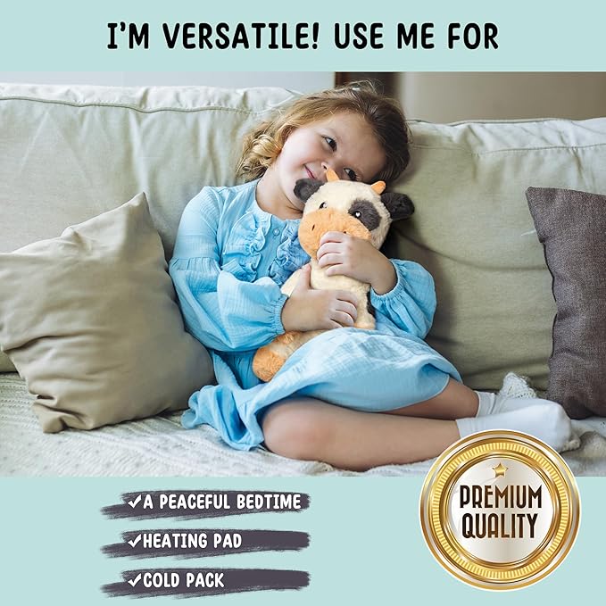Happy Fuel Cow Microwavable & Weighted Stuffed Animals - 1.5 Lbs Unscented Heating Pad for Period Cramps Pain Relief and Anxiety, Cute Black Cow Plush Toys Gifts for Women Girls Adults and Kids