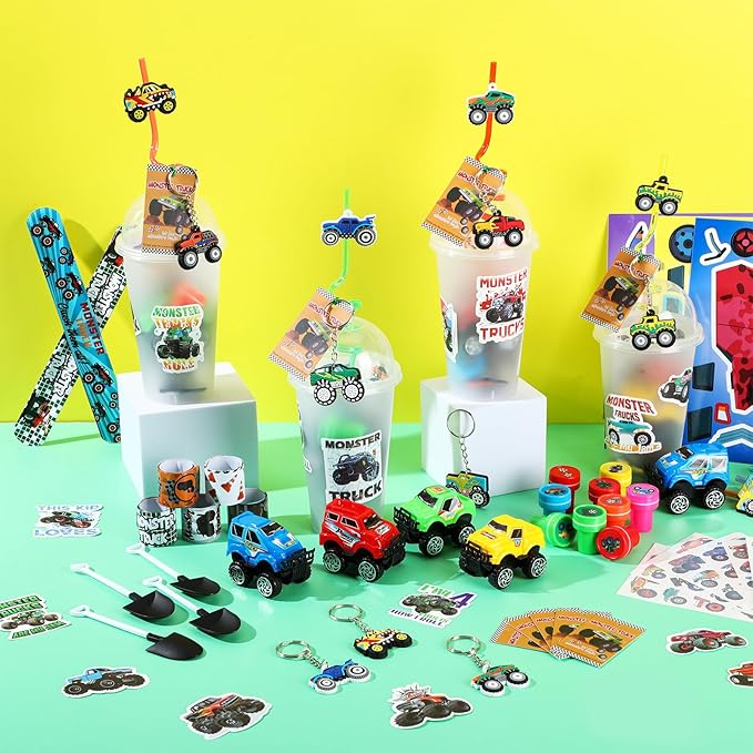 HyDren 211 Pcs Truck Party Favors Included Gift Cup Straw Keychain Slap Bracelet Mini Truck Sticker Stamper Card Tattoo Sticker Shovel Sticker Tag Cable Tie For Birthday Gift Prize