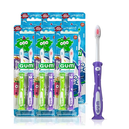 GUM Monsterz Children and Toddler Toothbrush, Soft Bristled Kids’ Toothbrush with Suction Cup, for Ages 2+, 2ct (6pk)