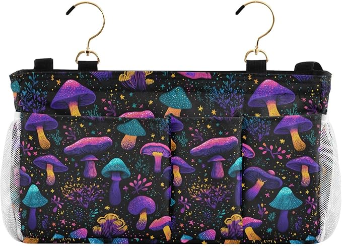 Neon-colored Mushrooms Stars Dots Bedside Caddy for Dorm Bed Bedside Hanging Caddy Bag Iron Frame Storage Organizer Pocket for Bunk Home College Hospital Beds 2 Hooks