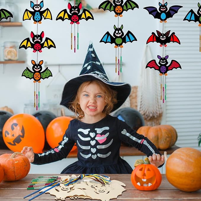 9 Pack Wind Chime Kit for Kids,Halloween Craft Kits Wooden Bat Wind Chime Decorative Hanging Ornaments DIY Painting Craft for Boys Girls Family Activities Halloween Party Supplies