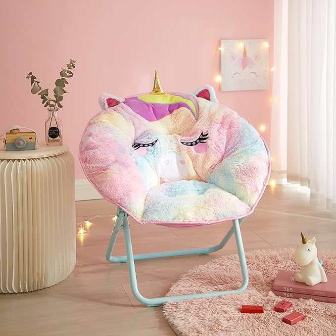 Heritage Kids Rainbow Unicorn Figural Faux Fur 23" Folding Saucer™Chair, Ages 3+