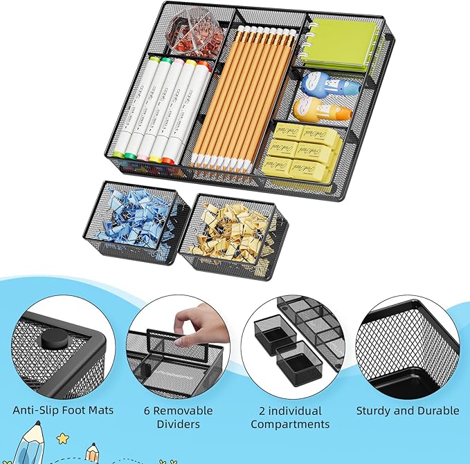 Marbrasse 3 Packs Desk Drawer Organizers, Metal Mesh Dividers Desk Drawer Organizer Tray with 9 Adjustable Compartments, Pen Organizer for Drawer Tray Box Accessories for Desktop,Kitchen, Makeup