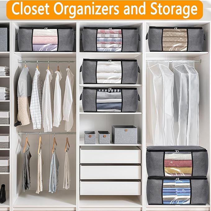 6 Pack Clothes Storage Bags with Zipper, Foldable Blanket Storage Box with Clear Window Reinforced Handles for Closet, Dorm, Pillows, Bedding, Sheet, Comforter, 45L Gray