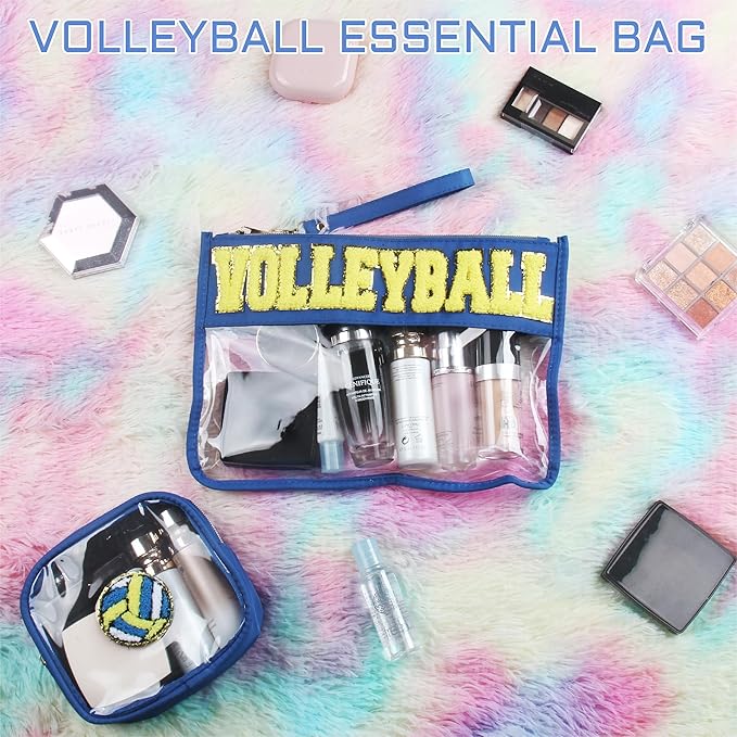 BuyCard 2 Pcs Volleyball Gifts Cosmetic Makeup Bag with Chenille Letter Patch, Clear Pouch PVC Organizer Purse, Waterproof Travel Bag, Portable Toiletry Storage Bag for Her Girls Friends Women