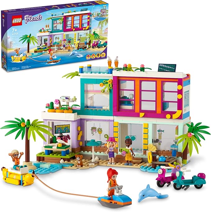 LEGO Friends Vacation Beach House 41709 Building Kit; Gift for Kids Aged 7+; Includes a Mia Mini-Doll, Plus 3 More Characters and 2 Animal Figures to Spark Hours of Imaginative Role Play (686 Pieces)