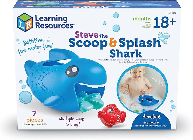 Learning Resources Steve The Scoop & Splash Shark, 7 Pieces, Ages 18 Months+, Toddler Learning Toys, Baby Toys ,Toddler Bathtub,Pool Toys, Water Toys