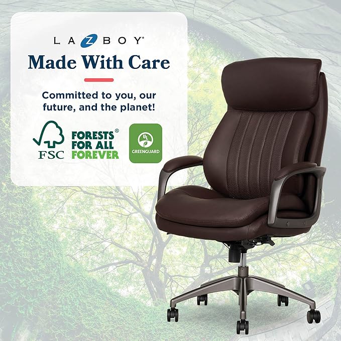 La-Z-Boy Nova Vegan Leather Modern Executive Ergonomic Design Office Chair, Memory Foam Thick Contoured Seat Back with Patented Lumbar Support Technology, Soft to Medium Sit Comfort, Brown