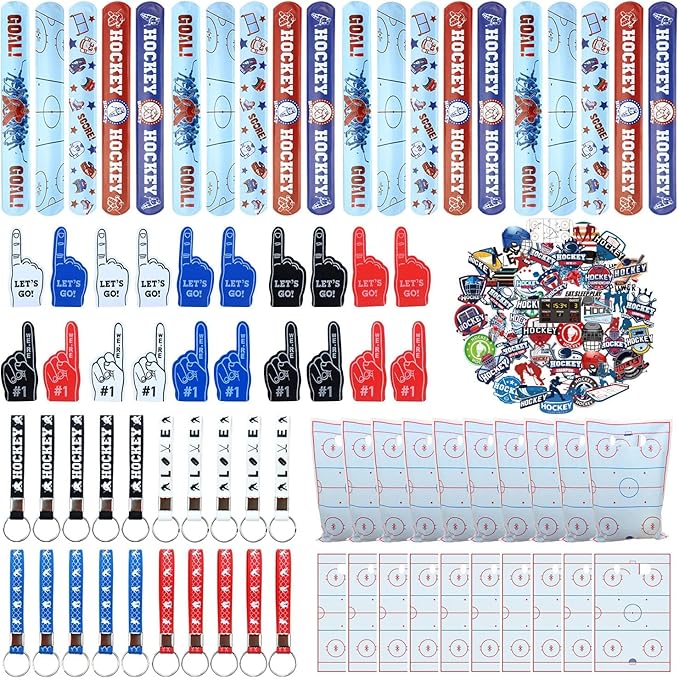 130PCS Hockey Party Favors - Incliding Hockey Keychains, Ice Hockey Gift Bags, Slap Bracelets, Hockey Stickers, Sports Mini Foam Fingers for Boys Fans Sports Hockey Birthday Party Supplies