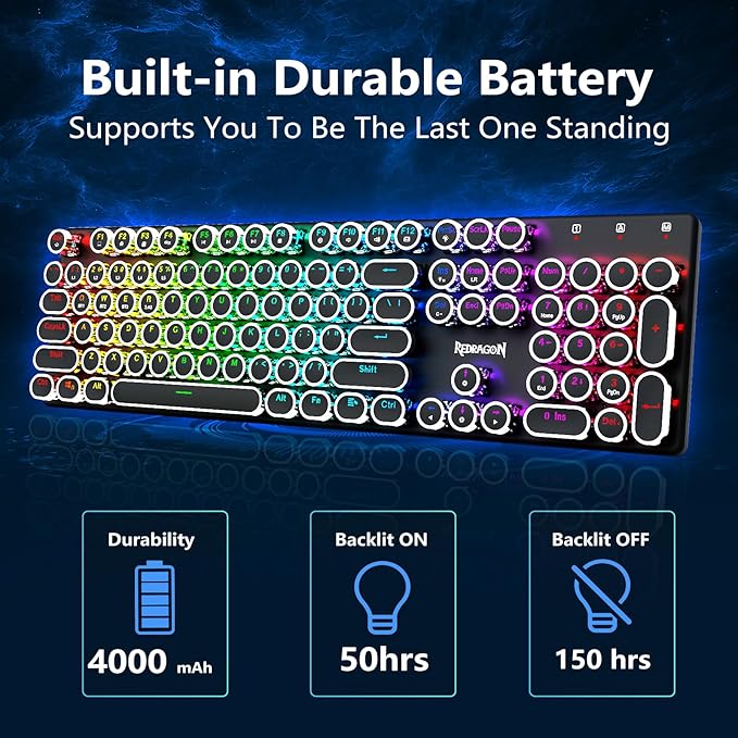 Redragon Typewriter Keyboard Wireless, Mechanical Gaming Keyboard, Bluetooth/2.4Ghz/Wired, RGB LED Backlit, Rechargeable, Blue Switch - Clicky, Solid Metal Panel, Round Keycaps, Black
