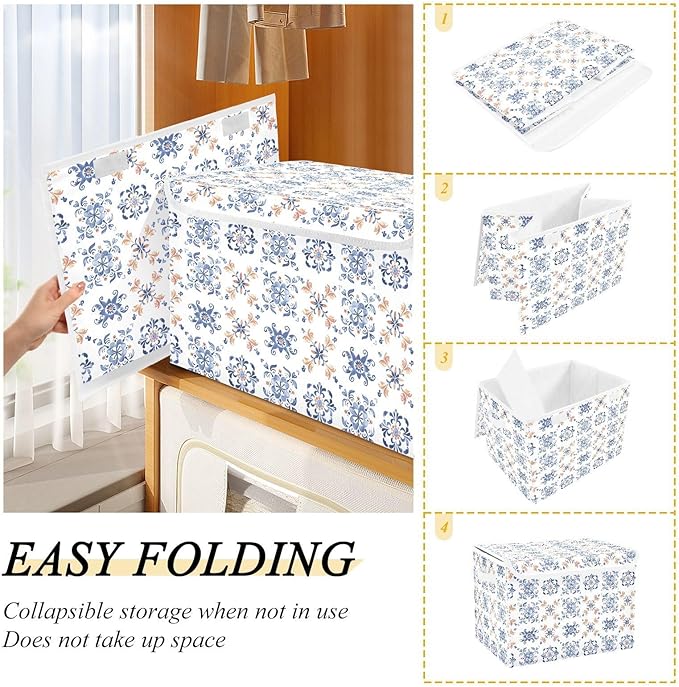 senya Large Storage Bins with Linen Collapsible Foldable Storage Cubes Fabric Closet Organizer Containers box with Flip-Top Lid for Home Bedroom Office 16.7 x 12.6 x 11.8in (Dutch Tiles)