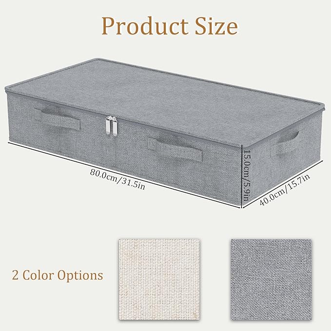 Underbed Storage Bin, Foldable Under Bed Flat Baskets Organizer, Container boxes with Lid for Organizing Clothes, Sheets, Blankets, Comforter, 31.4x15.7x5.9in, Grey, 2 Pack