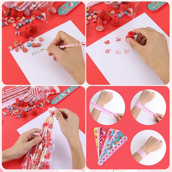 40pack 360x Valentine's Day Stationery Party Favors Bulk: Valentine's Pencil Eraser Slap Bracelets Stamps Treat Bags for Kids Classroom Gift Exchange School Games Prizes Reward Prizes Carnival Events