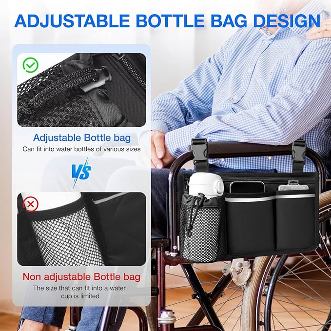 Wheelchair Bag, Walker Bag, Armrest Organizer Pouch with Cup Holder, Reflective Strip, Accessories for Most Wheelchairs, Walkers, Rollators (Black)