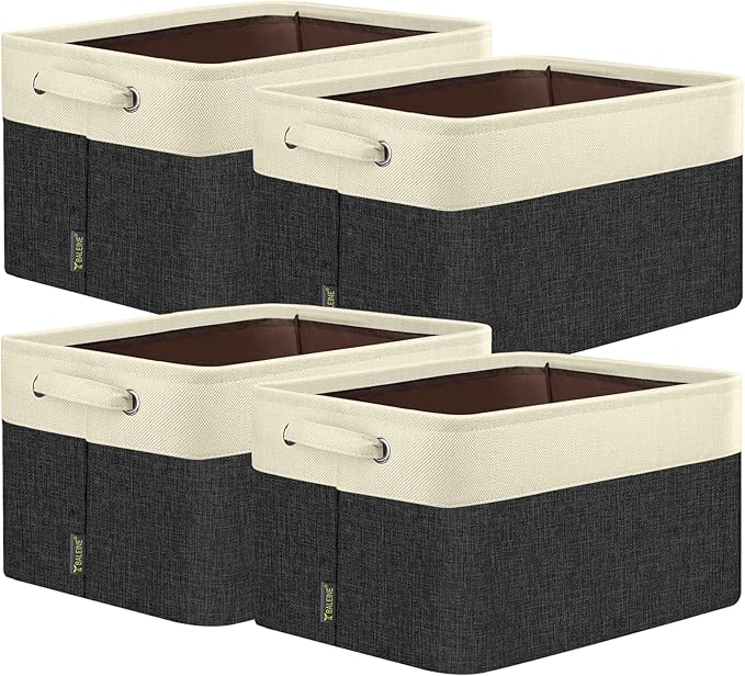 BALEINE 4 Pack Fabric Storage Bins for Shelves, Linen Storage Baskets for Organizing, Decorative Closet Bins for Clothes, Home (Black, 17''x13''x10.5'')