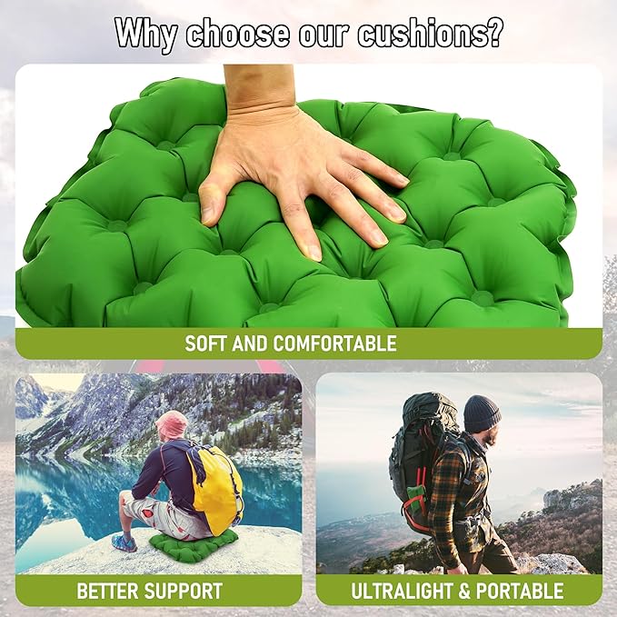 BreezCamp Inflatable Seat Cushion, Lightweight Stadium Seat Pad, Camping Accessories Chair Pad for Airplane Travel, Hiking, Climbing, Home and Office,Green