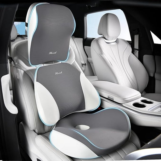 FLORICH Car Seat Cushion & Lumbar Support Pillow & Car Neck Pillow Ergonomic and 100% Memory Foam, Upgraded Larger and Breathable Car Seat Cushion & Back Support Pillow - Gray