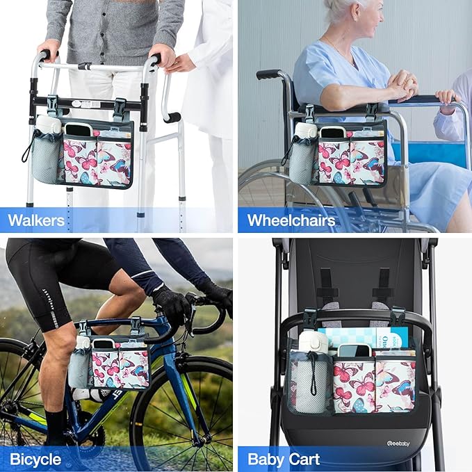 Wheelchair Bag, Walker Bag, Wheelchair Side Bag, Armrest Organizer Pouch with Cup Holder Attachment and Reflective Strip, Accessories for Most Wheelchairs, Walker, Rollators, Butterfly