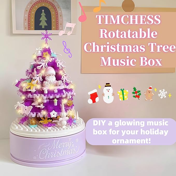 Christmas Tree Building Blocks Set for Kids - 2024 Rotating Christmas Tree Music Box with Glass Cover Xmas Holiday Construction Toy Gift for Boys and Girls (706PCS)