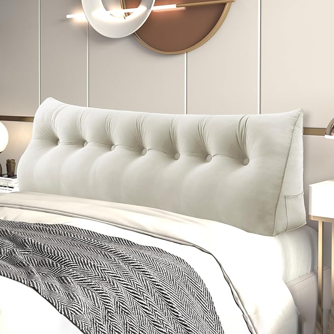 Headboard Wedge Pillow Large Bolster Reading Pillows for Sitting in Bed Adult,Velvet Triangular Cushion Backrest Lumbar Back Support Upholstered Daybed Sit Up Book Pillows(White,King)