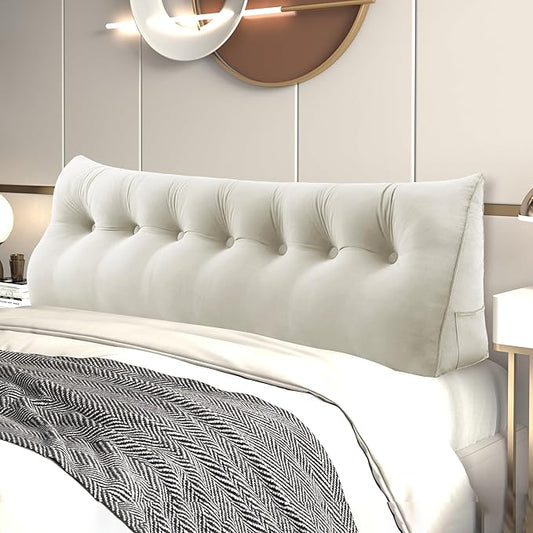 Headboard Wedge Pillow Large Bolster Reading Pillows for Sitting in Bed Adult,Velvet Triangular Cushion Backrest Lumbar Back Support Upholstered Daybed Sit Up Book Pillows(White,King)