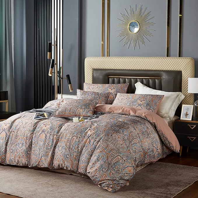 Gold Duvet Cover Set,5 PCS Medallion Paisley Print Comforter Cover Set,Bohemian Pattern Bedding Set,Vintage Style Flower Duvet Cover,Soft Reversible Design(Paisley,Queen)