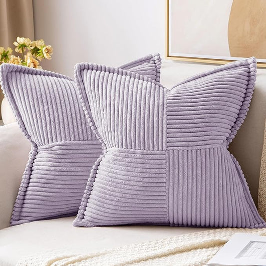 MIULEE Decorative Throw Pillow Covers for Couch Bed Livingroom 18x18 Inch Set of 2 Purple Boho Accent Throw Pllows Broadside Striped Patchwork Soft Corduroy Pillowcases