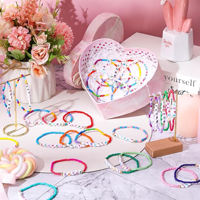 64 Pcs Kids Friendship Beaded Bracelets for Girls Jewelry Letter Beads Bracelets Bulk Colorful Cute Stretchy Rainbow Princess Dress up Gifts(Lovely)