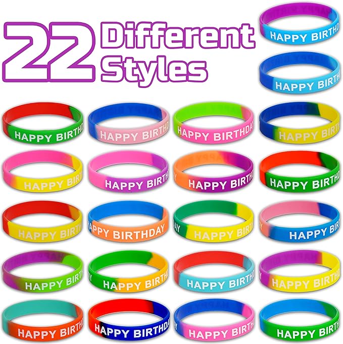 66 Pieces Birthday Rubber Bracelets(22 Styles),Colored Birthday Wristbands for Birthday Party Favors,Stretch Birthday Rubber Wristbands for Birthday Party Supplies