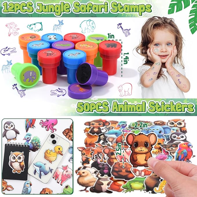 134 Jungle Safari Party Favors Animal Birthday Supplies Zoo Mask Silicone Bracelet Stamp Gift Box Bookmark DIY Sticker Keychain Kid Boy Girl Toy Gift Goodie Bag Stuffer Wild One Party Favors