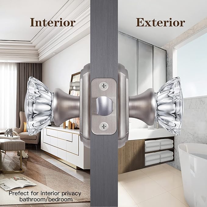 Premium Glass Door Knobs for Interior Doors, Bathroom Bedroom Door Knobs with Lock, Door Knobs Interior Brushed Nickel