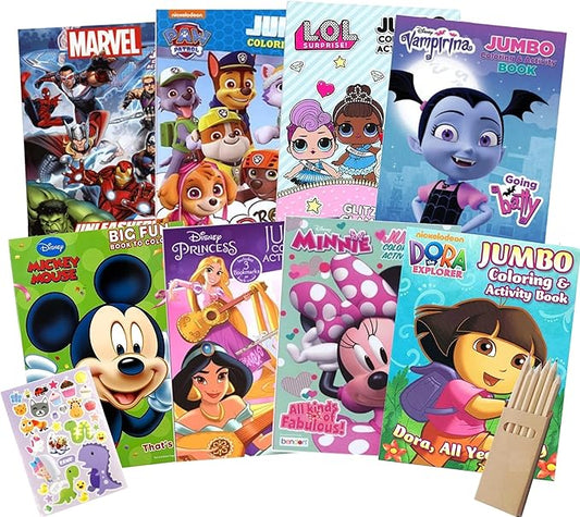 Bundle of 8 Coloring Activity Books with Color Sheets, Games & Mazes for Kids, Girls, Boys- Ages 4-8 -Favorite Character Bulk Pack (No Duplicates)