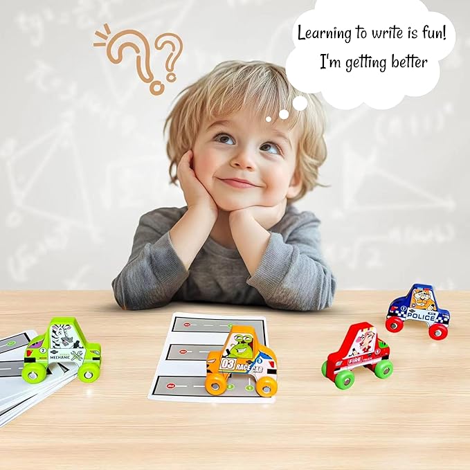BEKILOLE 4 Wooden Race Cars Montessori Learning Toys for 6-12-18 Months Birthday Gift Travel Toy for 1 2 Year Old Boy Girl Infant Toddlers 8 9 10 Months Old with Tracing Flash Cards