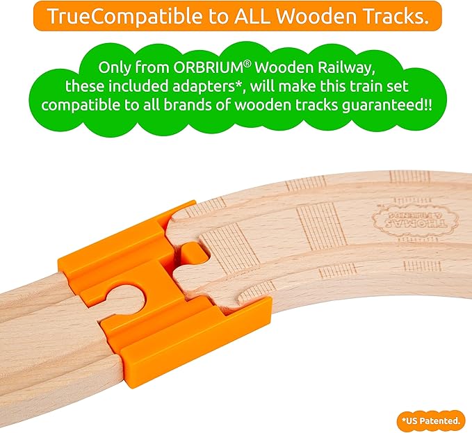 ORBRIUM Lift and Load Wooden Train Set with Magnetic Crane, Magnetic Helicopter, Large Diesel Engine, Semi-Truck, Shipping Container Flat Car Compatible with Thomas, Brio, Chuggington, Melissa & Doug