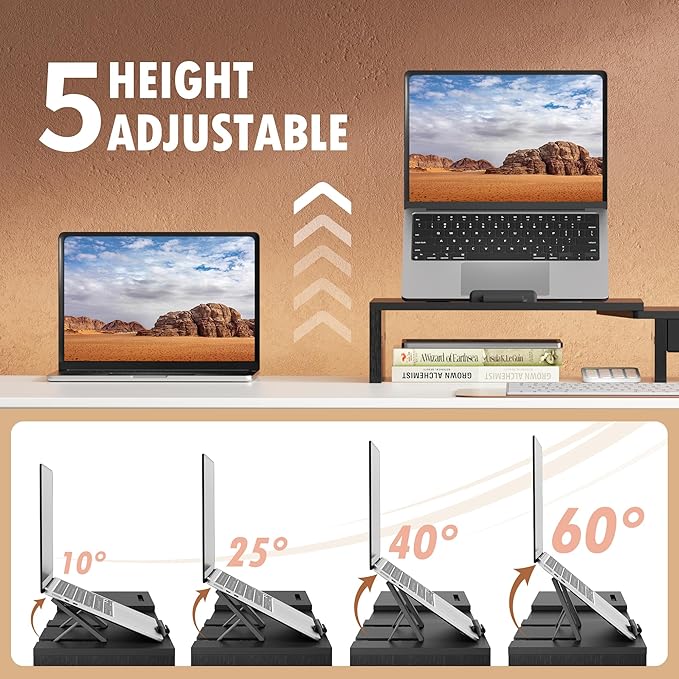 Dual Monitor Stand Riser - Computer Monitor Stand for 2 Monitors，Office Desktop Organizer，Adjustable Length and Angle 3 Shelf with Storage Drawer Phone Holder for Monitors and Laptops-Black