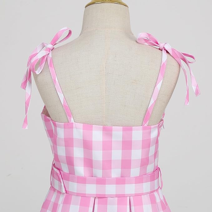 Girls Pink Plaid Costume Strap - Kid Dress Movie Cosplay Outfits Halloween Gingham Birthday Costumes