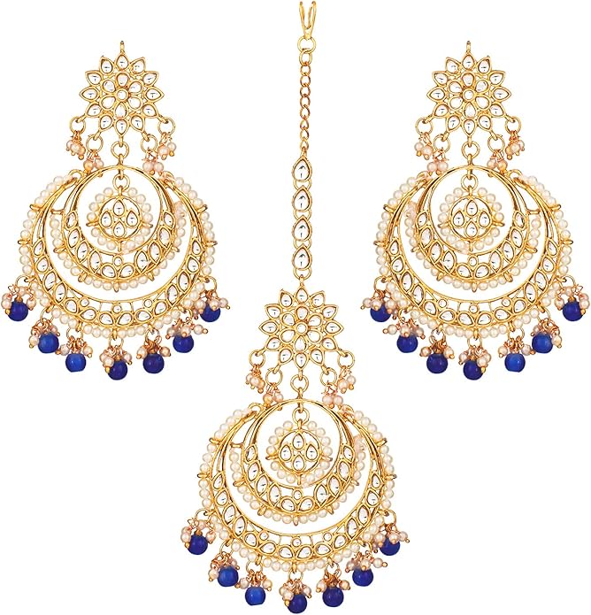 Aheli Bollywood Ethnic Chandbali Style Big Earrings Maang Tikka Set Traditional Fashion Jewelry Gift for Women