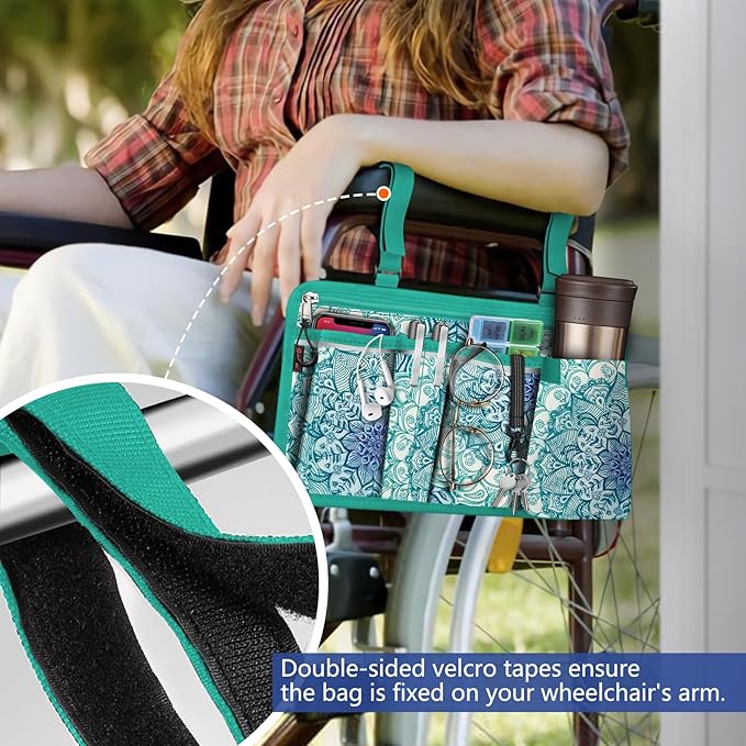 FINPAC Wheelchair Side Storage Bag w/Cup Holder, Wheelchair Armrest Accessories Pouch with Pen Slot and Reflective Strips for Power Walkers, Rollators, Seniors - Emerald Illusions