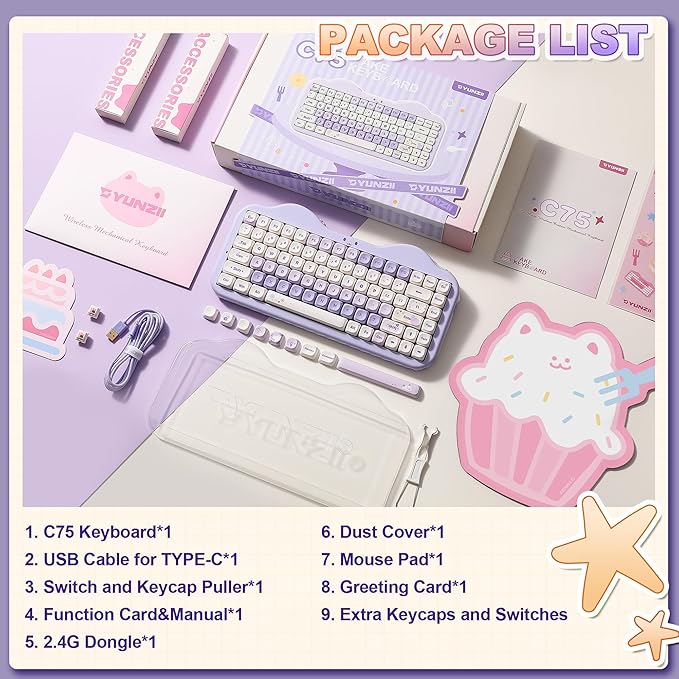 YUNZII C75 Wireless Mechanical Keyboard,75% Layout, Hot-Swappable NKRO,BT5.0/2.4G/USB-C Mode,Dye-Sub PBT MOA Keycaps,RGB Gasket Mount,Cute Cake Design for Mac/Win/Gaming (Purple, Candy Switch)