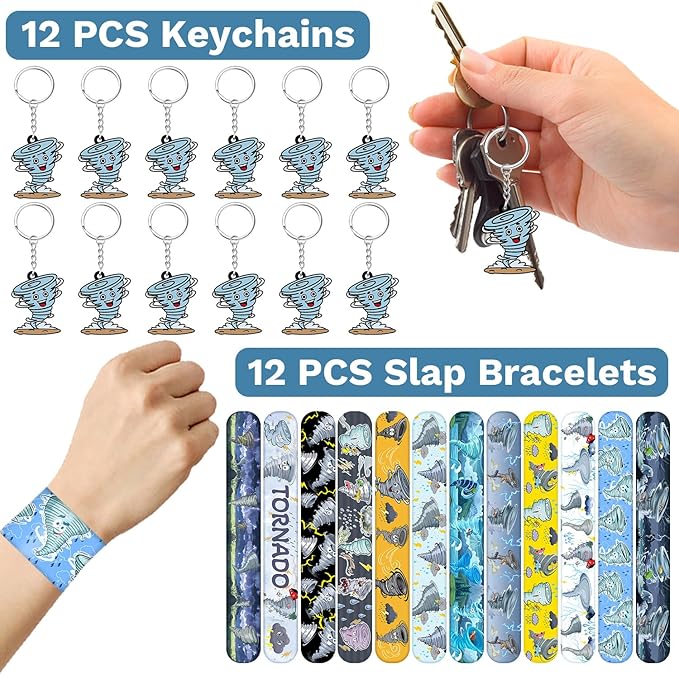 98 PCS Tornado Party Favors, Tornado Temporary Tattoos Slap Bracelets Keychains Stickers Badges for Tornado Birthday Party Decorations Supplies Gifts for Kids Teens Boys Girls Classroom Rewards