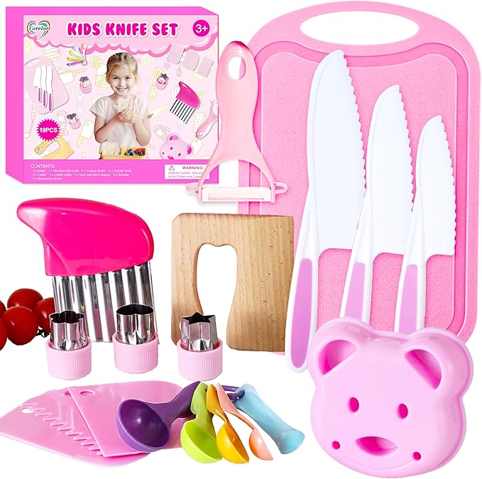 19 Pieces Kitchen Tools-Kids Cooking Sets Real-Toddler Knife Set for Real Cooking, Montessori Toys for 3+,Toddler Utensils with Safe Knives Crinkle Cutter Cutting Board