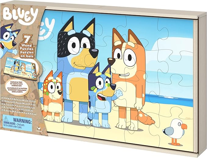 Bluey, 7 Wood Puzzles Jigsaw Bundle 12-Piece 16-Piece 24-Piece Easy Cartoon Disney Jr. Show with Storage Tray, for Kids Ages 4 and up