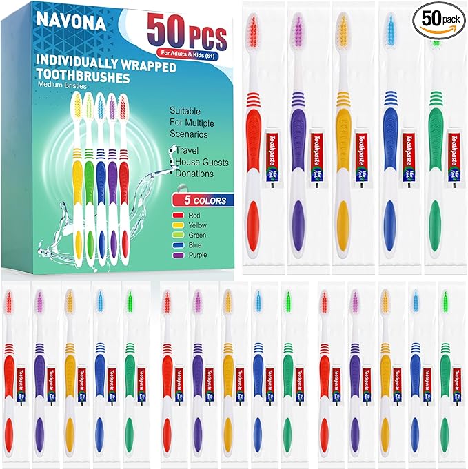 50 PCS Individually Wrapped Toothbrushes with Toothpaste Bulk, Disposable Toothbrushes Bulk, Bulk Toothpaste, Travel Toothpaste Bulk, Ergonomics Handle, Soft Bristle, Perfect for Travel,Hotel,Donation