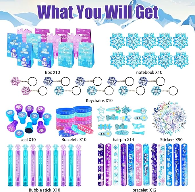 138Pcs Frozen Birthday Party Favors Pack for Girls Kids, Goodie Bag Stuffers Includ Hair Clips Notebooks Stamps Bracelets Keychains Bubble Wands Stickers for Frozen Winter Birthday Party Supplies